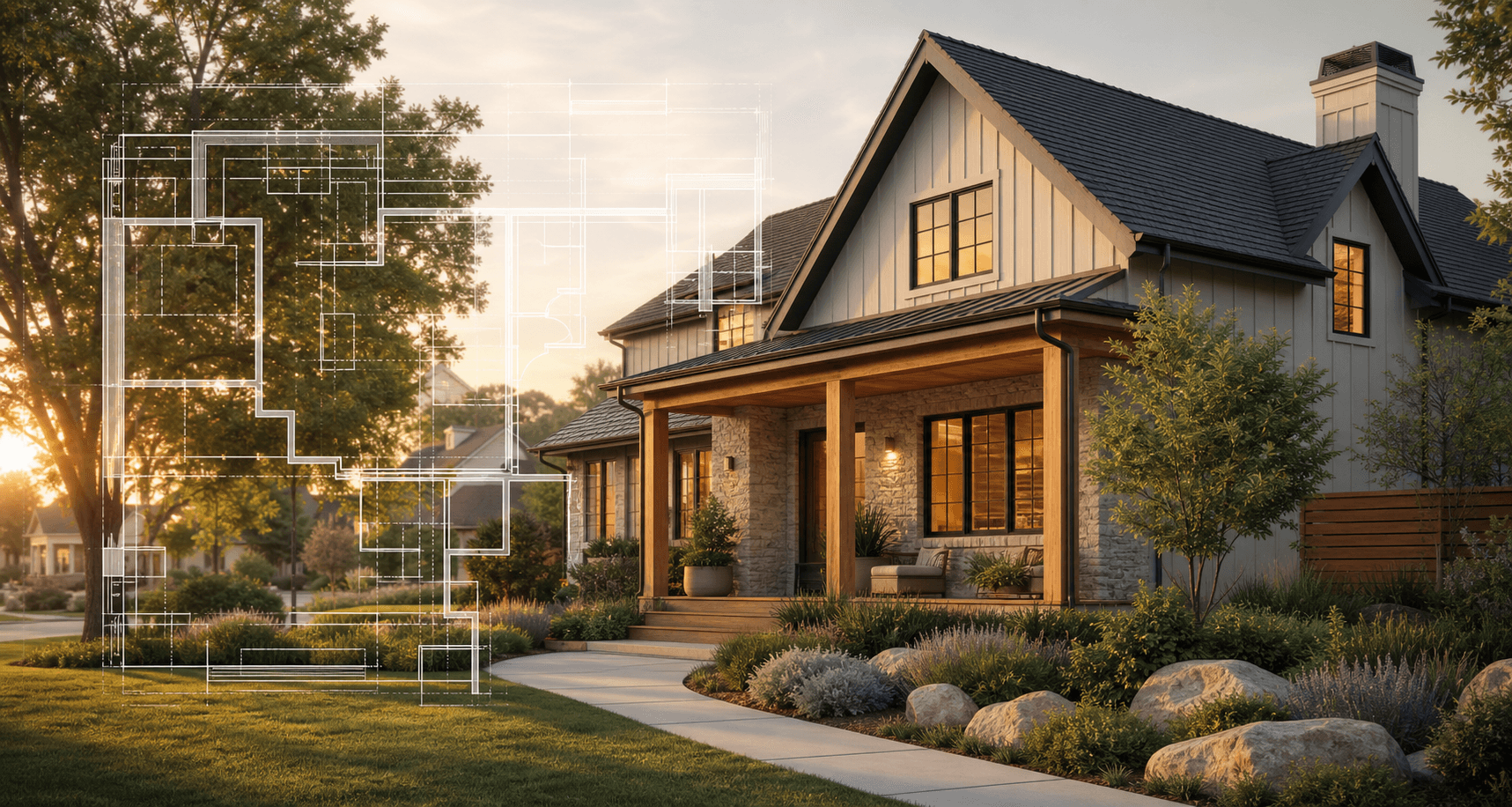 A warm home exterior with a translucent renovation floor plan overlay