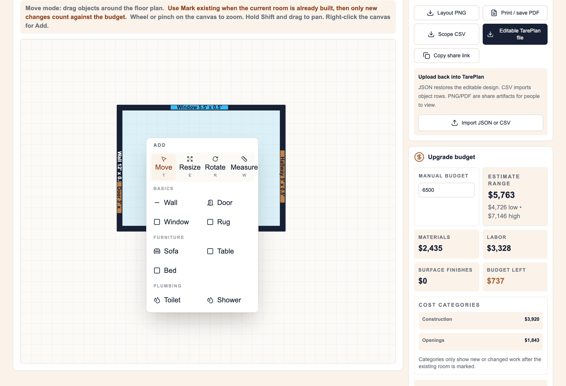 TarePlan add menu over a room plan with an upgrade budget panel.