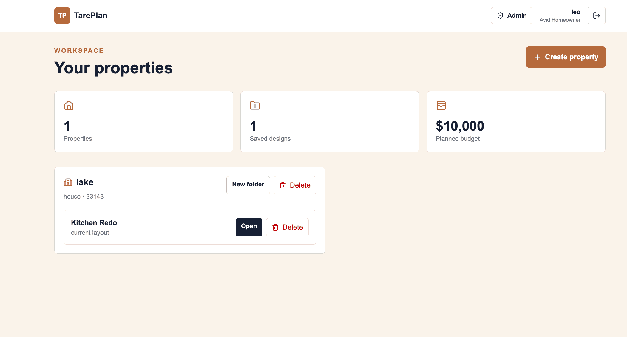 TarePlan workspace dashboard with saved properties and designs.