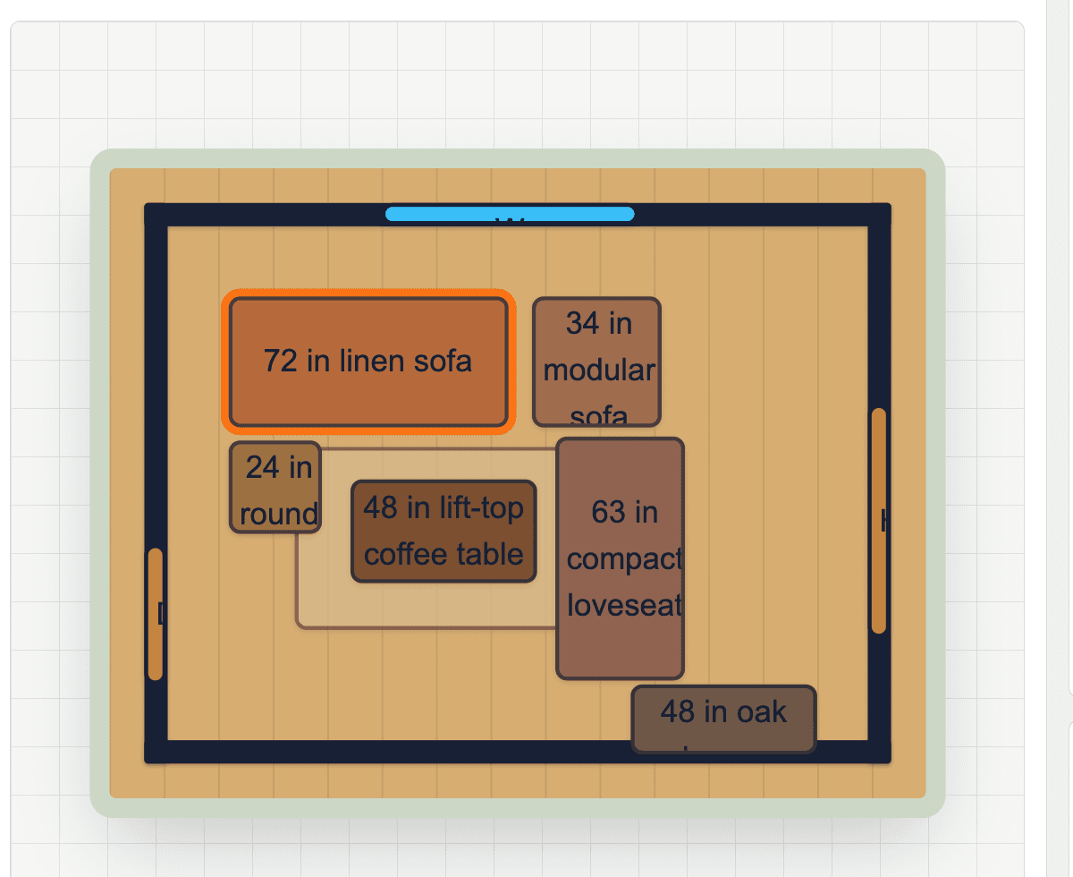 TarePlan Render Studio showing a top down room preview and product matches.
