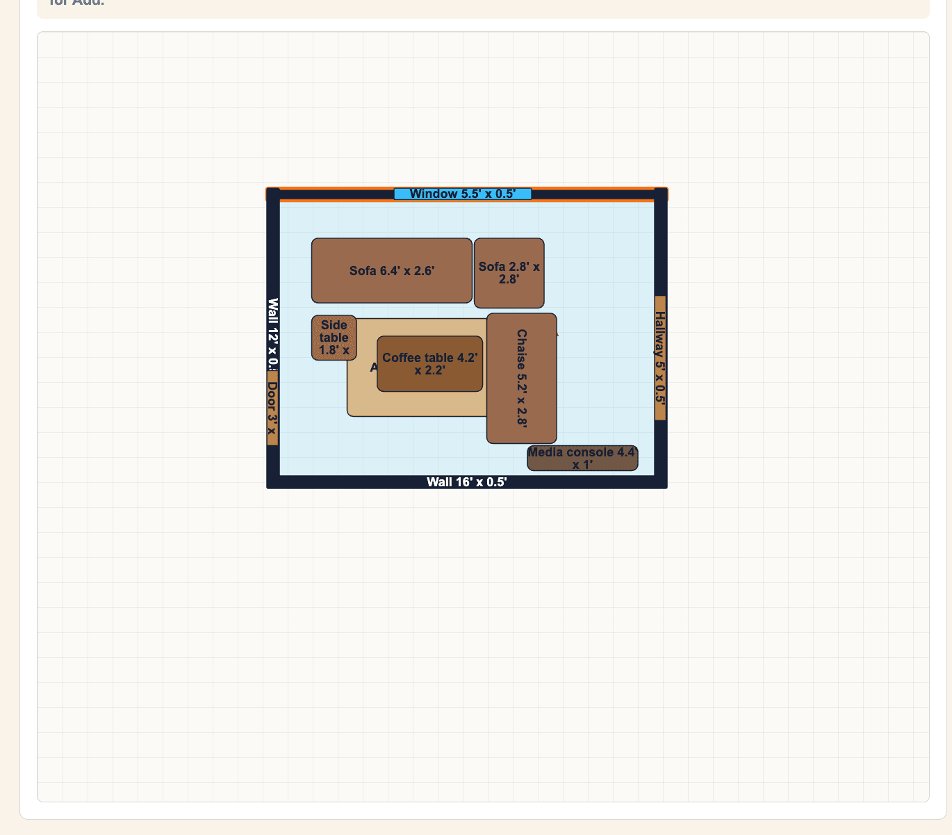 TarePlan room sketch editor with a measured living room plan and planning panels.