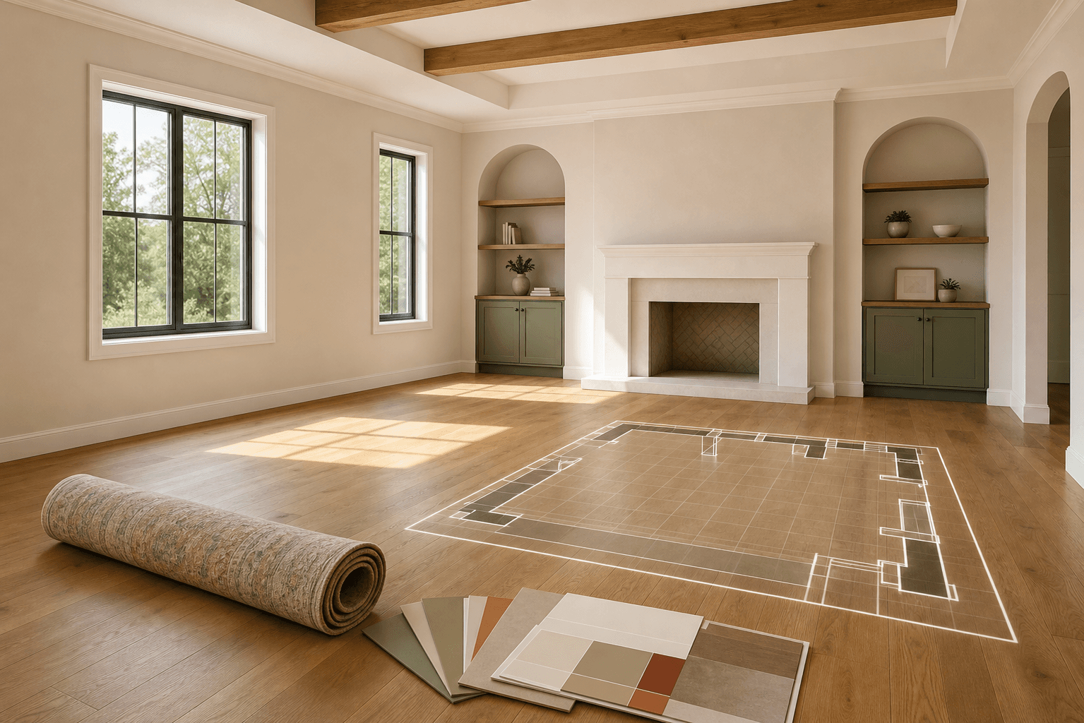 A bright empty room with a renovation floor plan overlay
